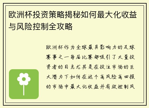 欧洲杯投资策略揭秘如何最大化收益与风险控制全攻略