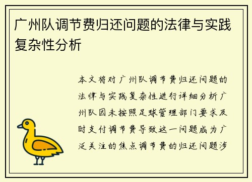 广州队调节费归还问题的法律与实践复杂性分析