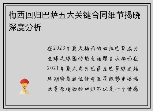 梅西回归巴萨五大关键合同细节揭晓深度分析